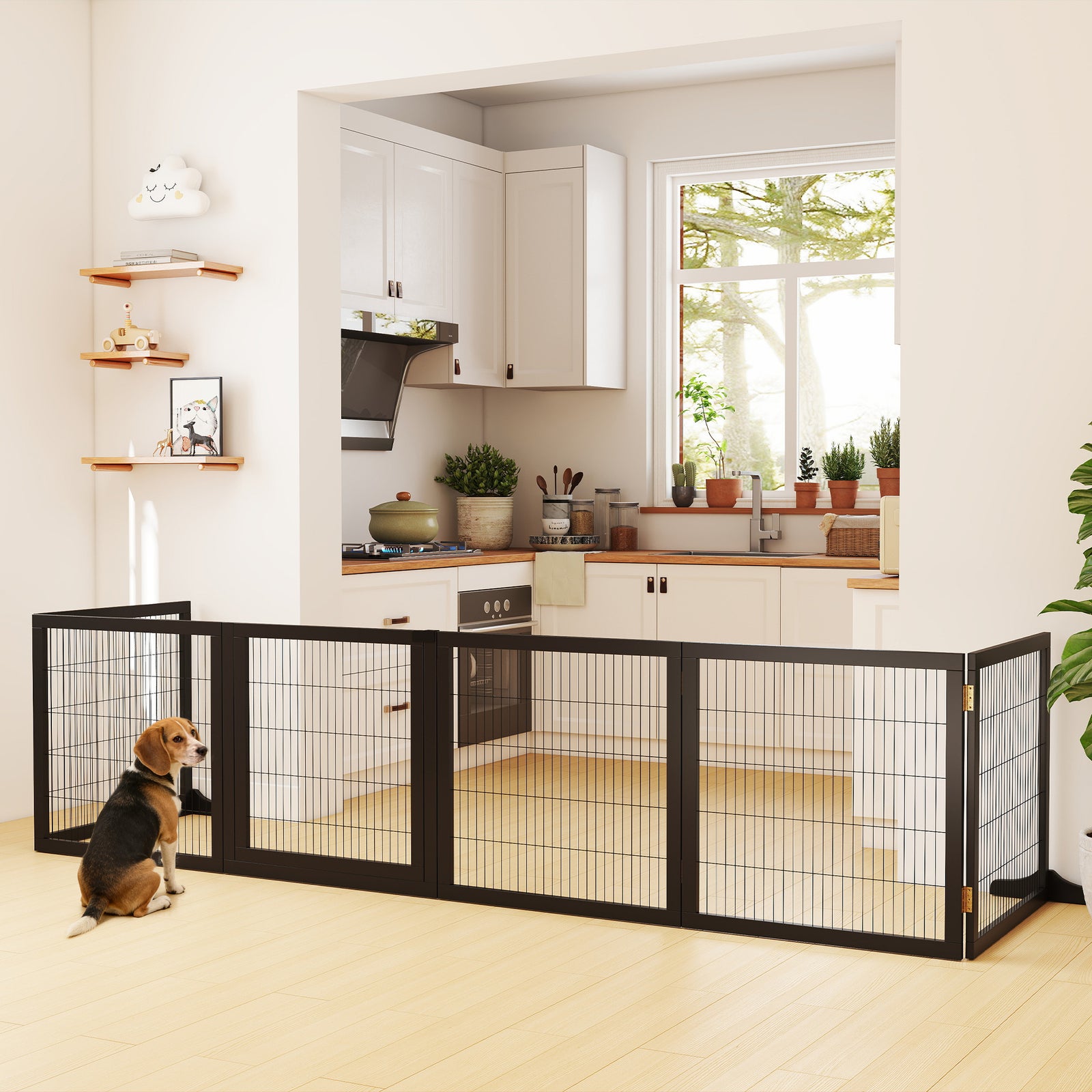 Wooden Pet Gate, Freestanding Dog Security Barrier with Two Support Fe