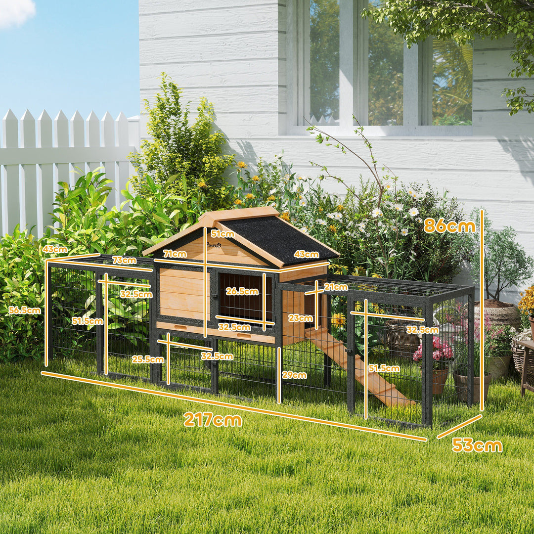 Wooden Rabbit Hutch Outdoor with Steel Run, Wooden Guinea Pig Cage with Removable Plastic Tray, Asphalt Roof, Ramp