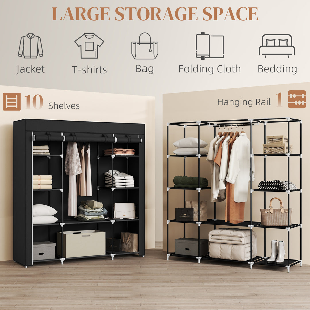 Portable Wardrobe, Foldable Fabric Wardrobe, 150 x 43 x 162.5cm, Clothes Storage Organiser with Hanging Rail, Shelves, Fabric Cover for Bedroom, Black