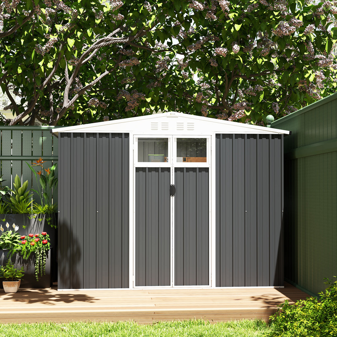 8 x 4 ft Metal Garden Shed, Garden Storage Shed with Window, 4 Vents and Lockable Door, Waterproof Galvanised Steel Tool Storage Shed, Dark Grey