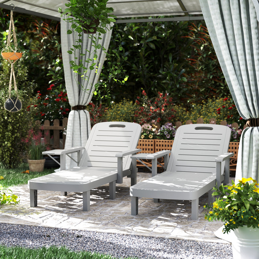Set of 2 Resin Reclining Sun Loungers for Garden, 5 Positions Adjustable Outdoor Chaise Lounge Chairs with Wood Texture Surface, Armrests, Foldable Side Table for Garden, Beach, Light Grey