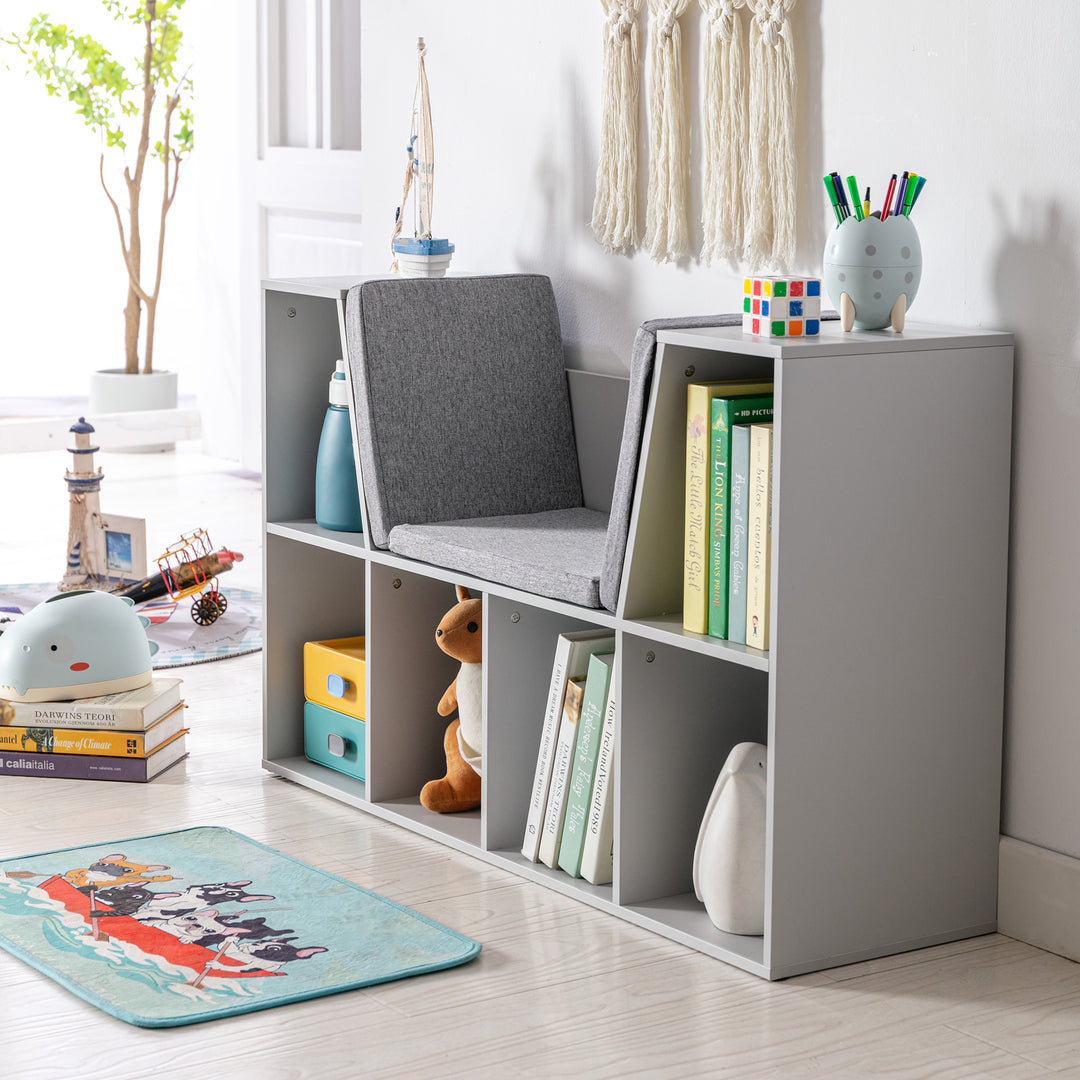 Kids Bookcase Shelf Storage Cabinet Unit, Living Room Sideboard w/ Six Compartments for Toys, Books - Grey