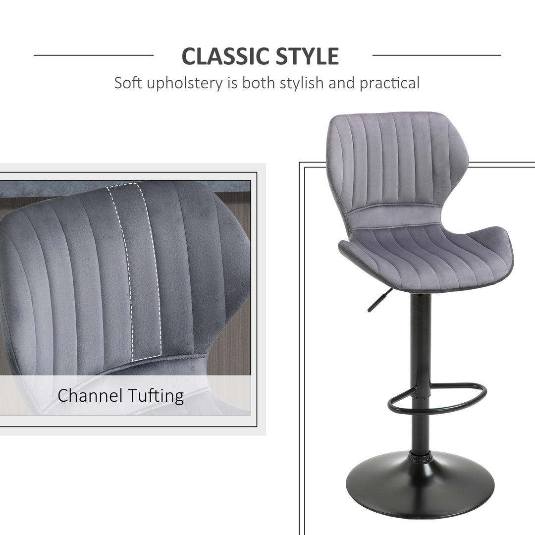 MCL Bar Stool Set of 2 Velvet-Touch Fabric Adjustable Height Swivel Counter Chairs with Footrest, Grey