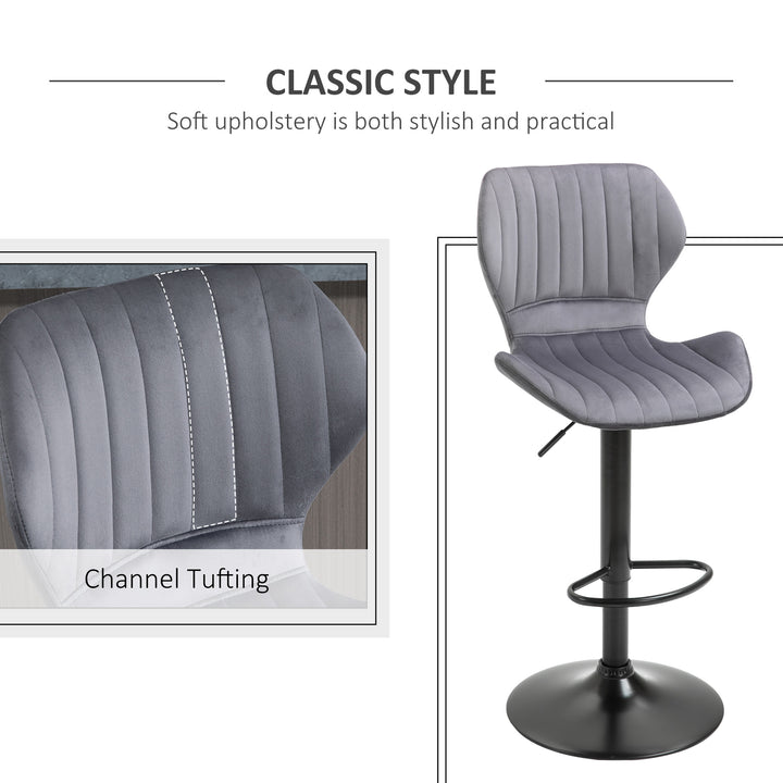 MCL Bar Stool Set of 2 Velvet-Touch Fabric Adjustable Height Swivel Counter Chairs with Footrest, Grey