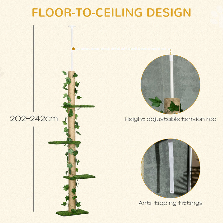 242cm Adjustable Floor-To-Ceiling Cat Tree, with Artificial Decoration, Perches, Anti-Slip Kit - Green