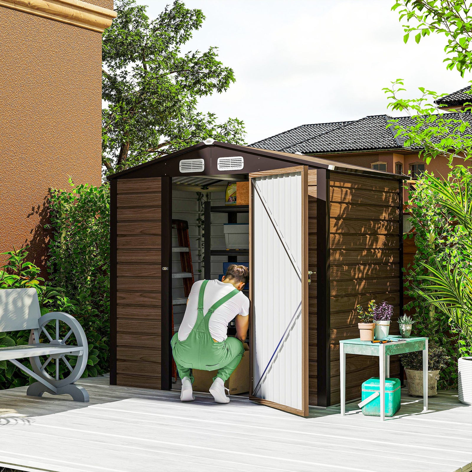 4 x 6ft Galvanised Steel Garden Shed, with Lock and Gloves - Oak