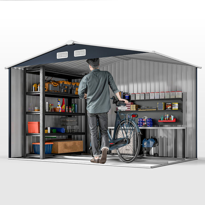 9 x 6ft Metal Bicycle Shed, Outdoor Storage Tool House with Ventilation Slots, Foundation Kit and Lockable Double Doors, Dark Grey