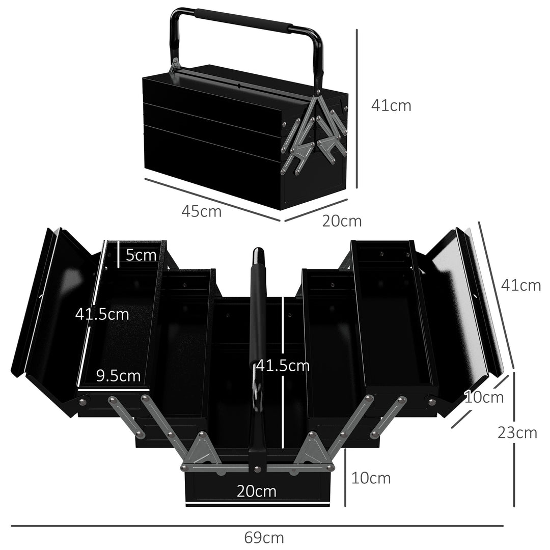 3 Tier Metal Toolbox, 5 Tray Professional Portable Tool Box with Carry Handle for Workshop, 45cmx20cmx34.5cm, Black