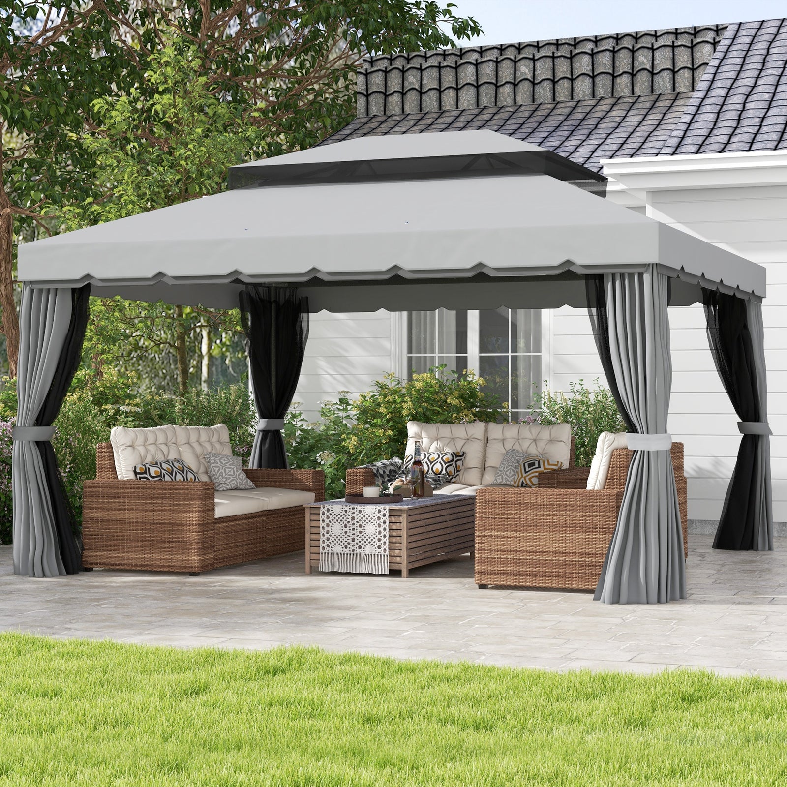 3 x 4m Aluminium Garden Gazebo, Marquee Canopy Shelter Pavilion Party Tent with Nets and Curtains for Garden and Deck, Light Grey
