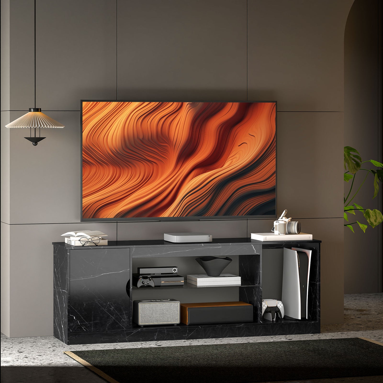 TV Stand Cabinet, Marble Effect TV Unit for up to 55" TVs with Glass Shelf and Storage Cabinet, Entertainment Unit for Living Room, Bedroom, Black