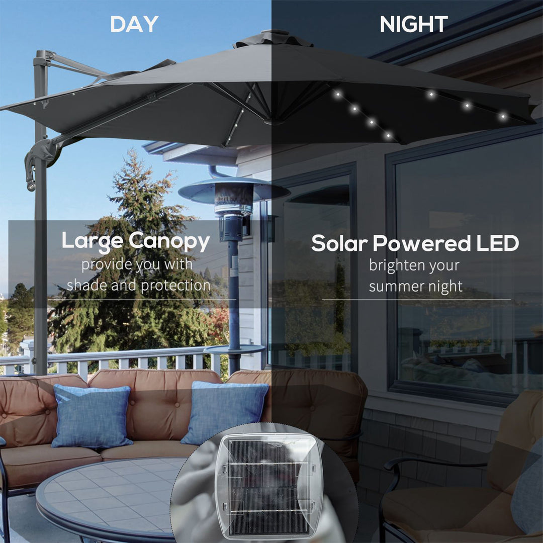 3(m) Cantilever Roma Parasol Patio Sun Umbrella with Crank & Tilt LED Solar Light Cross Base 360° Rotating Outdoor, Dark Grey