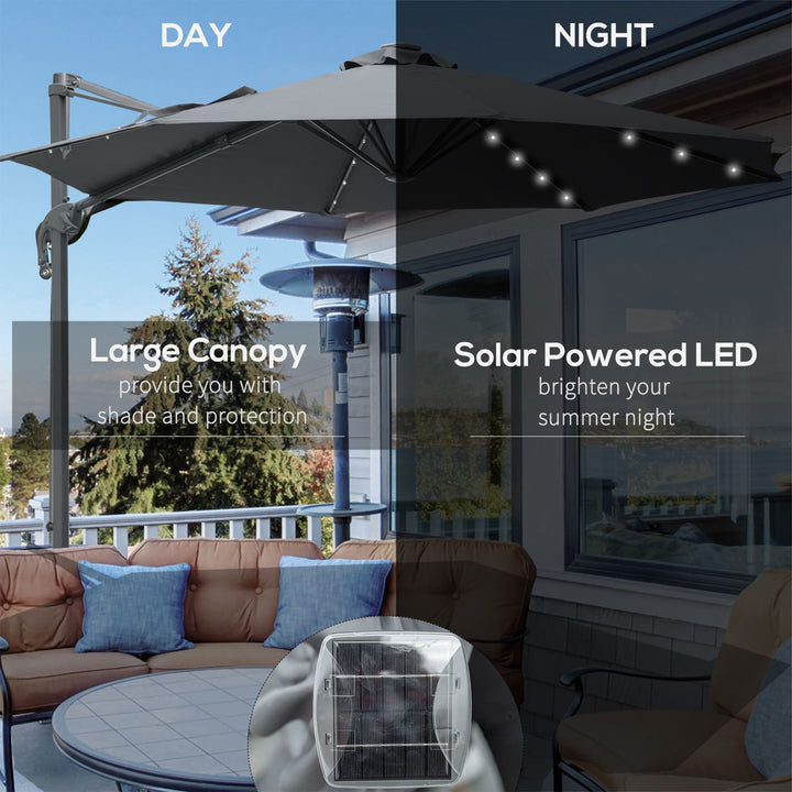 3(m) Cantilever Roma Parasol Patio Sun Umbrella with Crank & Tilt LED Solar Light Cross Base 360° Rotating Outdoor, Dark Grey