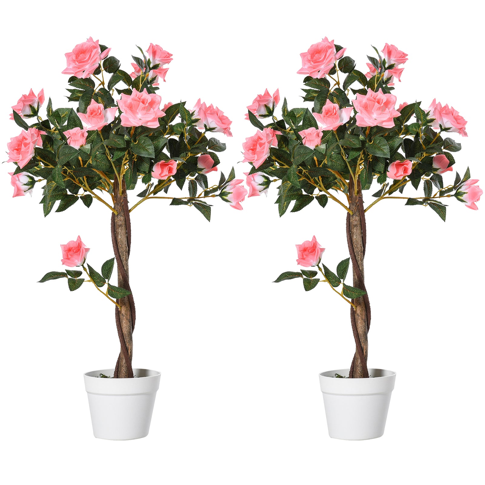 Set of 2 Artificial Plants Pink Rose Floral in Pot, Fake Plants for Home Indoor Outdoor Decor, 90cm