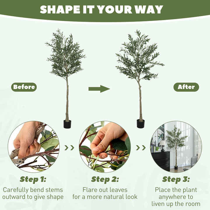 Set of 2 6ft/ 180cm Decorative Artificial Plant, Silk Olive Tree with 900 Leaves and 40 Olive Fruits in Pot, Fake Plant for Home, Office, Living Room, Indoor Decor