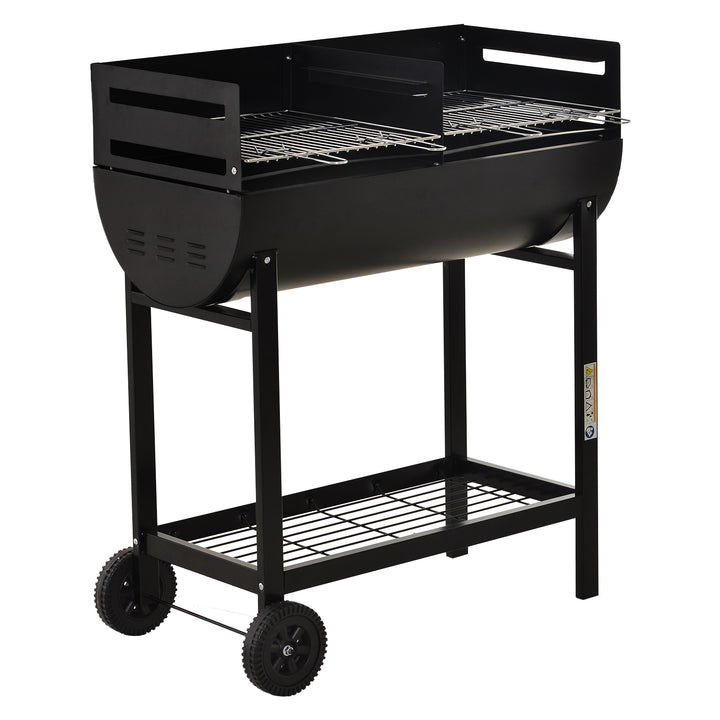 Outsunny Charcoal Barbecue Grill Garden BBQ Trolley w/ Dual Grill, Adjustable Grill Nets, Heat-resistant Steel, Wheels, Black | Aosom UK