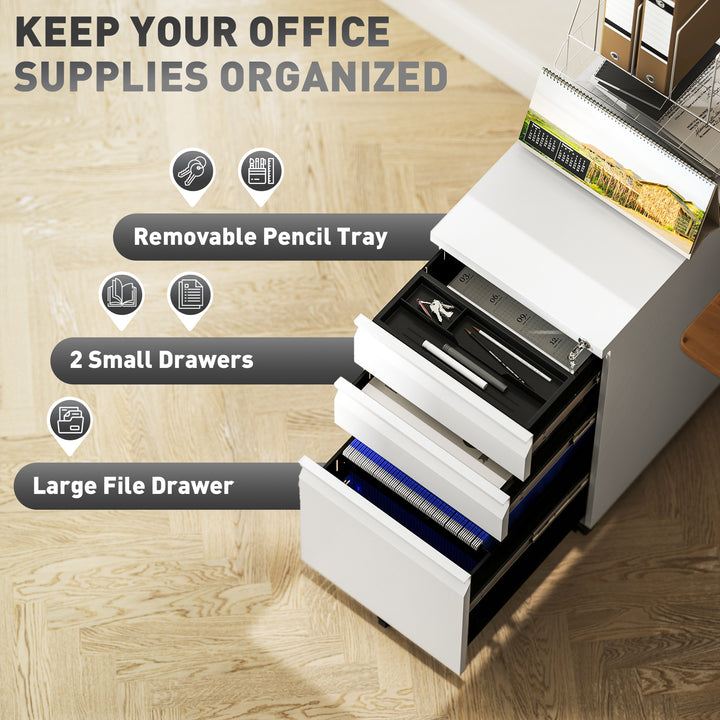 3-Drawer Steel Filing Cabinet with Lock and Wheels - White