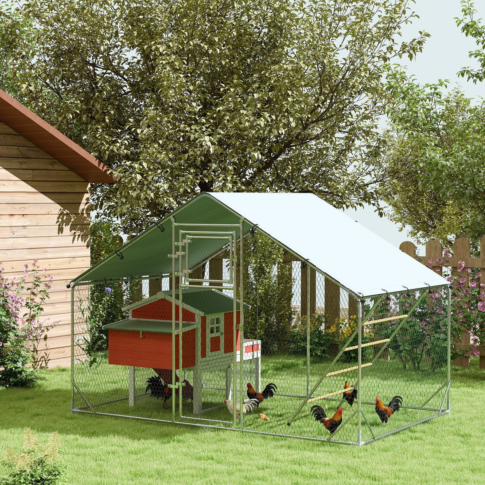 Walk-in Chicken Run w/ Cover, Feeding Door, Hanging Feeder, Perch, for 6-8 Poultry