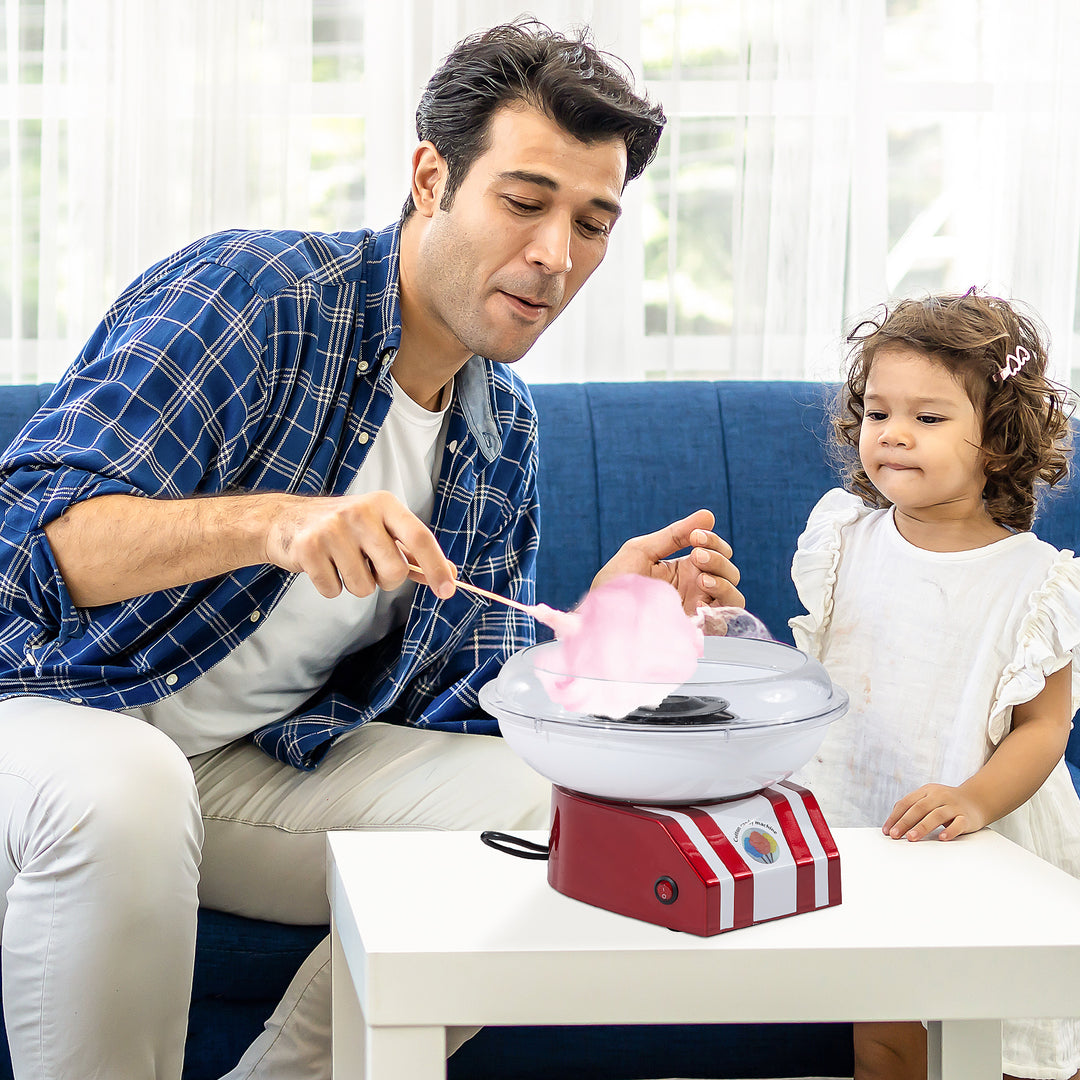 MCL Candy Floss Machine for Kids & Adults, 550W  Retro Cotton Maker for Sugar or Candies,  Including 10 Candyfloss Sticks, Non-Slip Base, Red & White