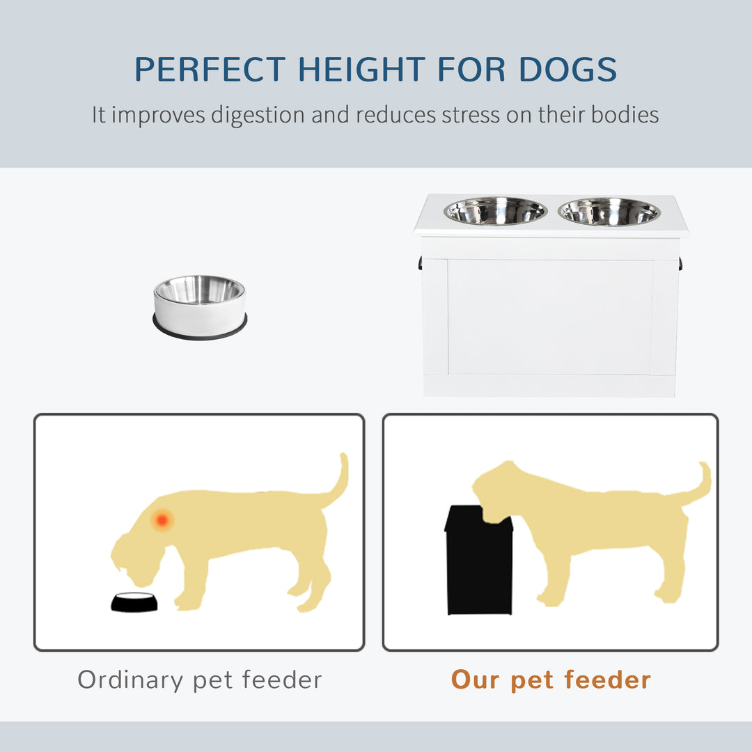 PawHut Elevated Pet Feeder Station with Storage, Includes 2 Stainless Steel Bowls, Ideal for Large Dogs, White | Aosom UK