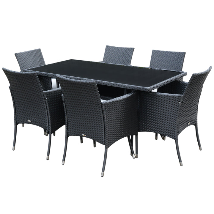 MCL 6 Seater Rattan Dining Set with Cushions, Rattan Garden Furniture Set with 6 Armchairs, Rectangular Glass Top Table, Outdoor Dining Table and Chairs, Black