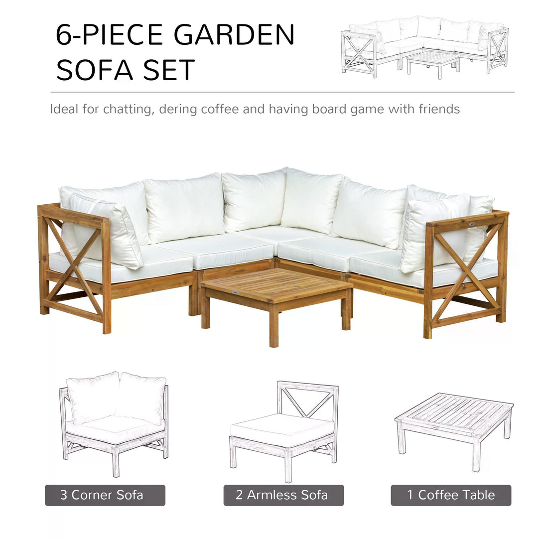 Outsunny 6pcs Patio Furniture Set Garden Sofa Set 1 Coffee Table Suitable with Cushions for Outdoor Indoor Balcony Poolside Acacia Wood Cream White