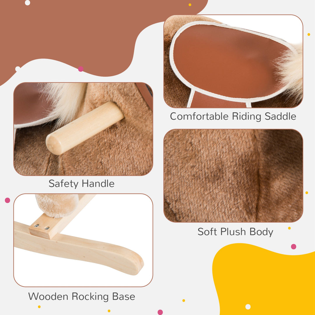 MCL Kids Children Plush Rocking Horse Wooden Base Ride On Toy Rocker with Handle Grip Traditional Toy Fun Gift for Age 3+ (Brown)