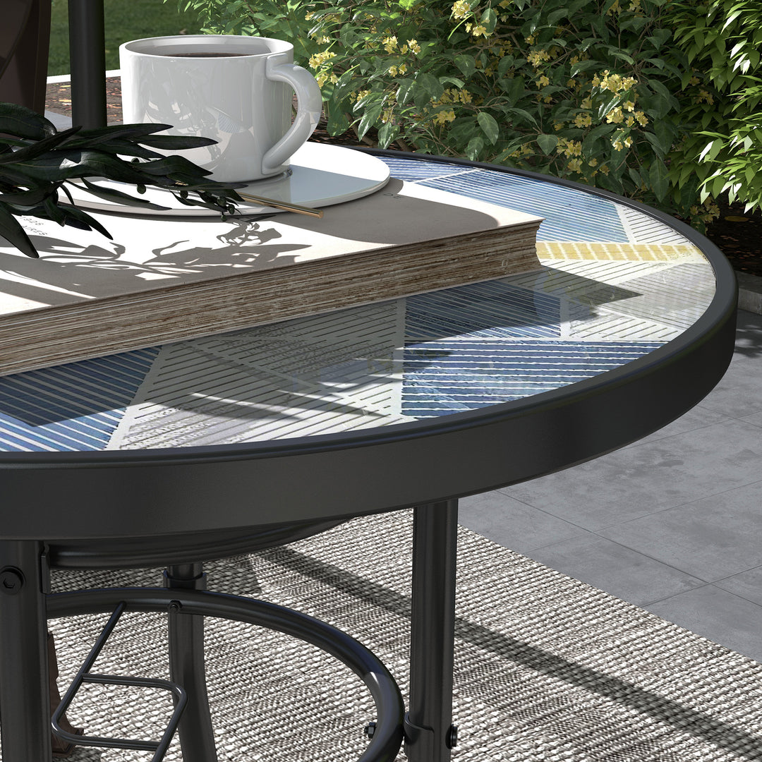 Outsunny Garden Table with Tempered Glass Top, Printed Design, Steel Frame, for Porch, Multicolour