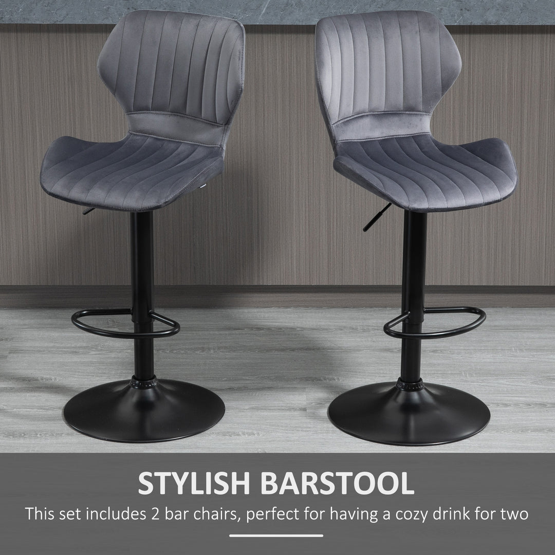 HOMCOM Bar Stool Set of 2 Velvet-Touch Fabric Adjustable Height Swivel Counter Chairs with Footrest, Grey