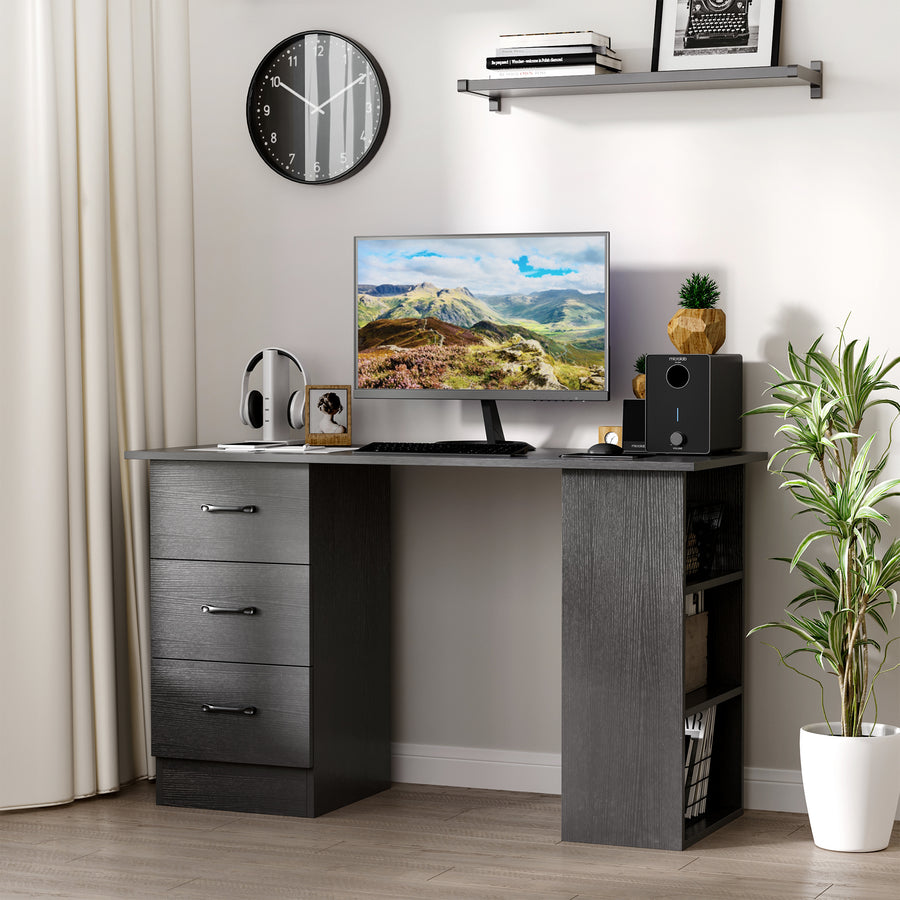 Computer Desk, Writing Table, PC Workstation with 3 Storage Shelves and Drawers, Black Handle, for Home Office, Black