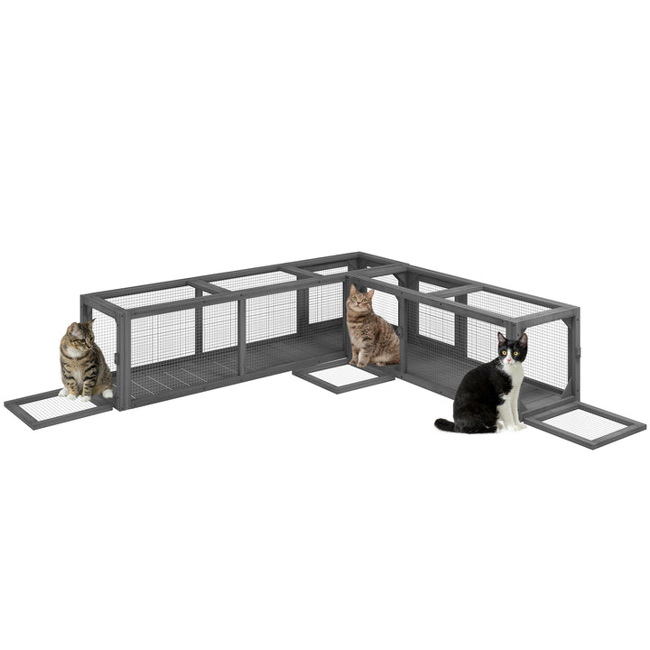 Cat Tunnel, 250cm Extra Long Wooden Cat Play Tunnel with 8 Doors, L-shape/Rectangle, Outdoor Cat Enclosure, Dark Grey