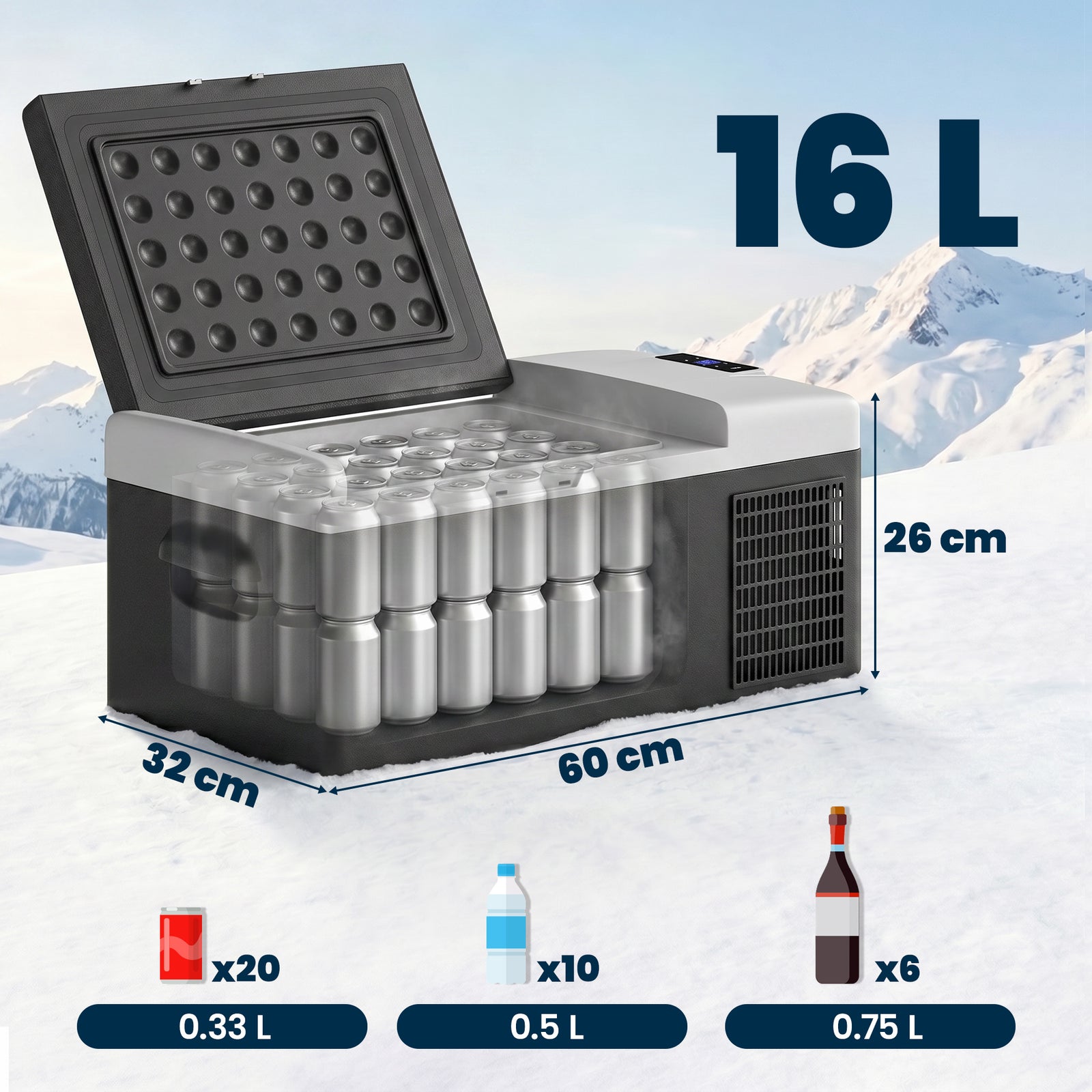 16L Portable Car Fridge, -20℃ to 10℃ Adjustable Temperature - Black/Gr