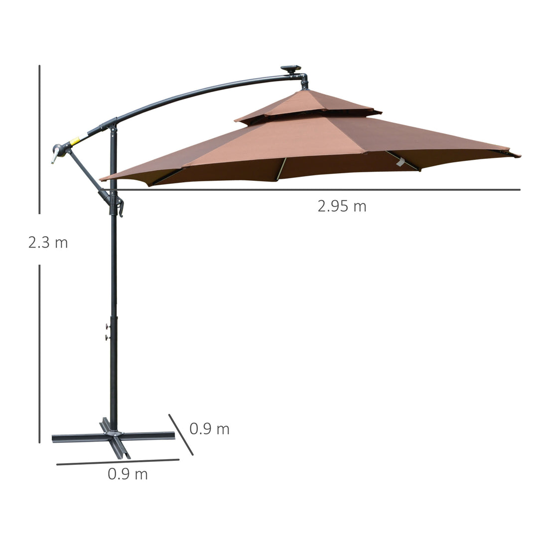 Outsunny 3(m) Cantilever Parasol Banana Hanging Umbrella with Double Roof, LED Solar lights, Crank, 8 Sturdy Ribs and Cross Base for Outdoor, Coffee