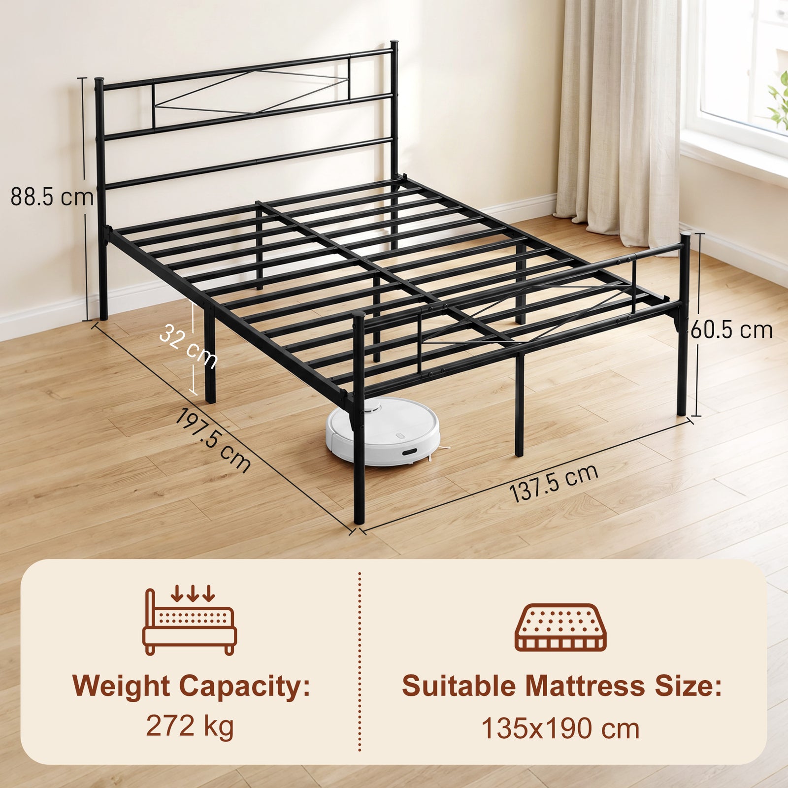 4ft6 Double Bed Frame with Headboard and Footboard, Metal Platform Bed