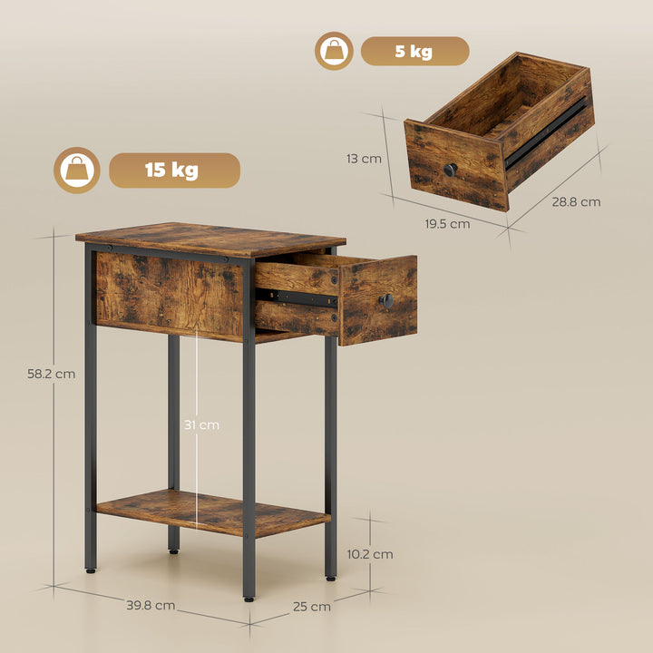 Narrow Side Table with Drawer and Storage Shelf - Rustic Brown