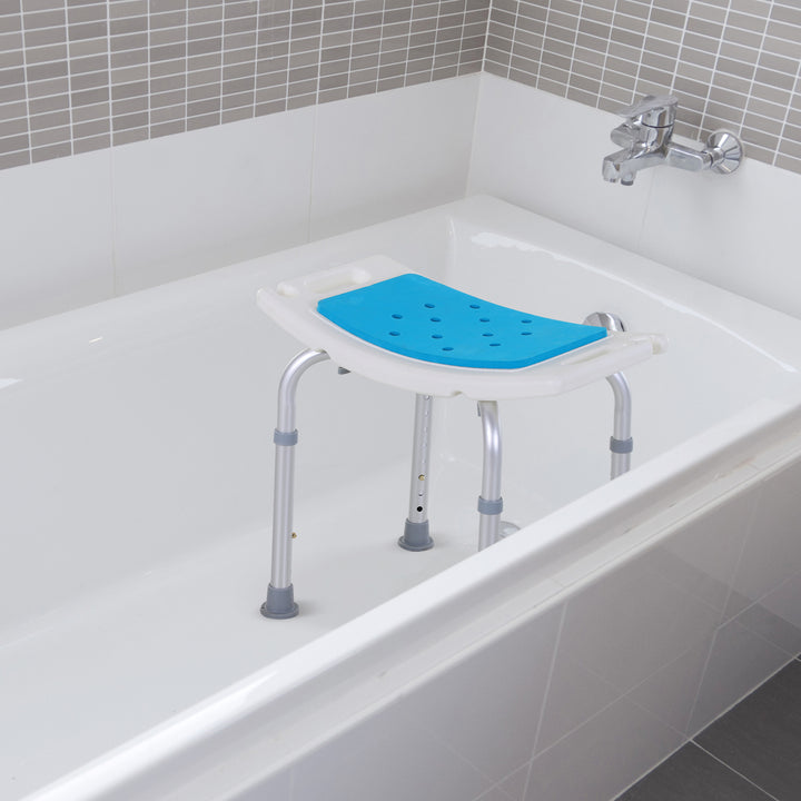 HOMCOM 6-Level Height Adjustable Aluminium Bath Room Stool Chair Shower Non-Slip Design w/ Padded Seat Drainiage Holes Foot Pad - Blue | Aosom UK