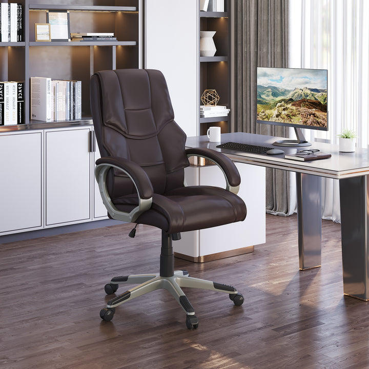 HOMCOM Home Office Chair High Back Computer Desk Chair with Faux Leather Adjustable Height Rocking Function Brown