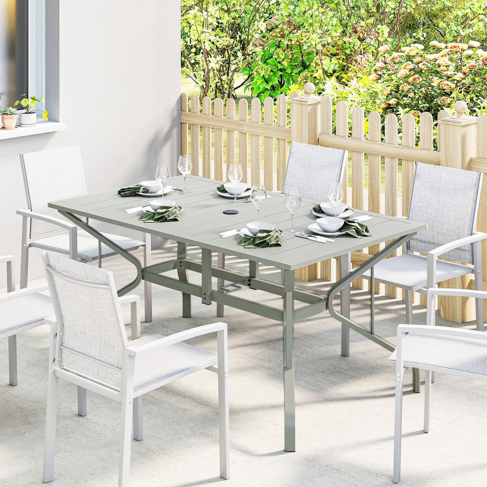 Rectangle Garden Table with Parasol Hole, Outdoor Dining Table for 6, 