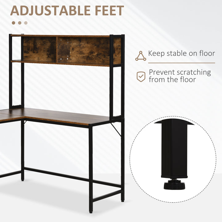 L Shaped Desk with Book Shelf, Industrial Corner Computer Desk, Writing Table with Steel Frame for Home Office, Bedroom, Study Room, 140 x 125cm, Brown