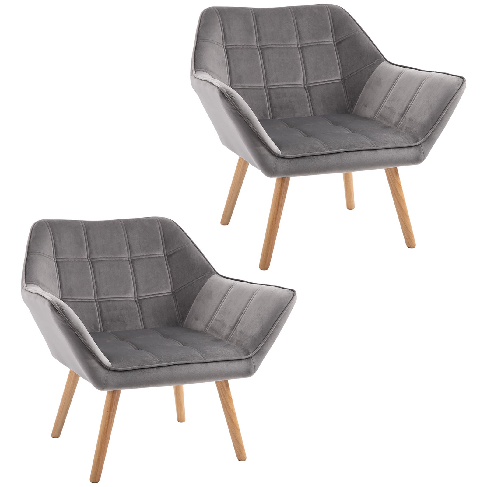 Armchair Accent Chair, Vanity Chair with Wide Arms, Slanted Back, Padding, Metal Frame, Wooden Legs, Home Bedroom Furniture Seating, Set of 2, Grey