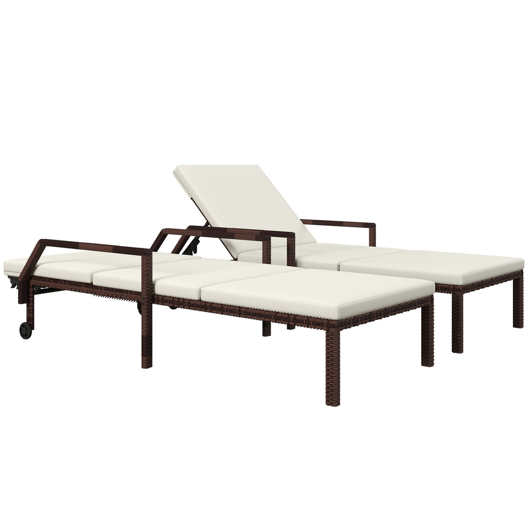 Outdoor PE Rattan Sun Lounger Set of 2, Wicker Chaise Recliner Garden Chair with 5-Level Adjustable Backrest and 2 Wheels, Cream White