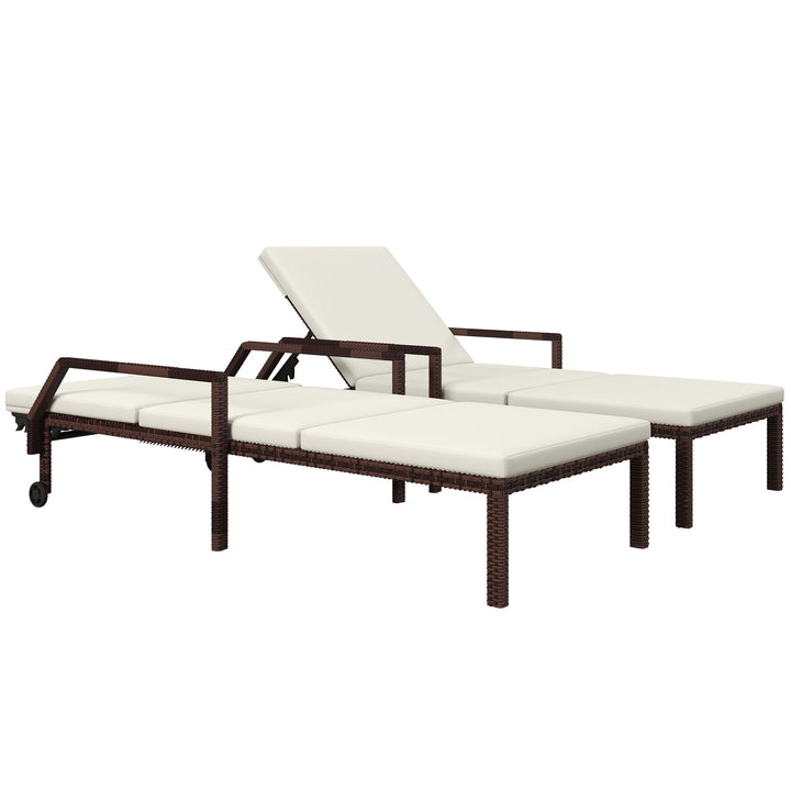 Outdoor PE Rattan Sun Lounger Set of 2, Wicker Chaise Recliner Garden Chair with 5-Level Adjustable Backrest and 2 Wheels, Cream White