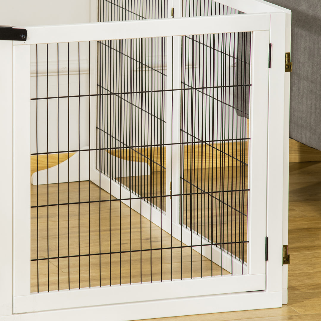 Wooden Pet Gate, Freestanding Dog Safety Barrier, w/ 2 Support Feet, White