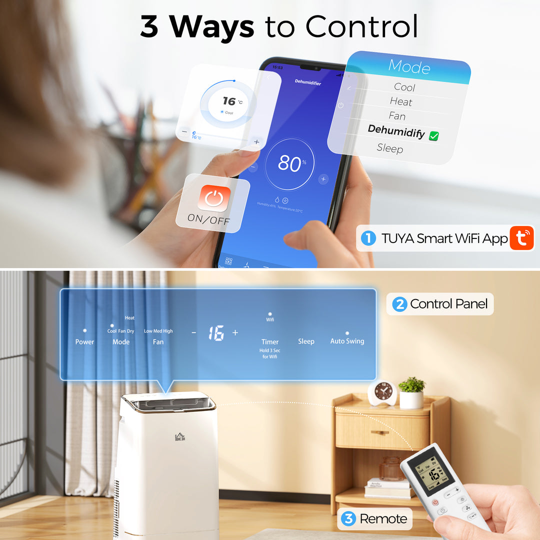 14000 BTU Mobile Air Conditioner, Smart Home WiFi Compatible, with Heater, Cooler, Dehumidifier, Fan, 24H Timer