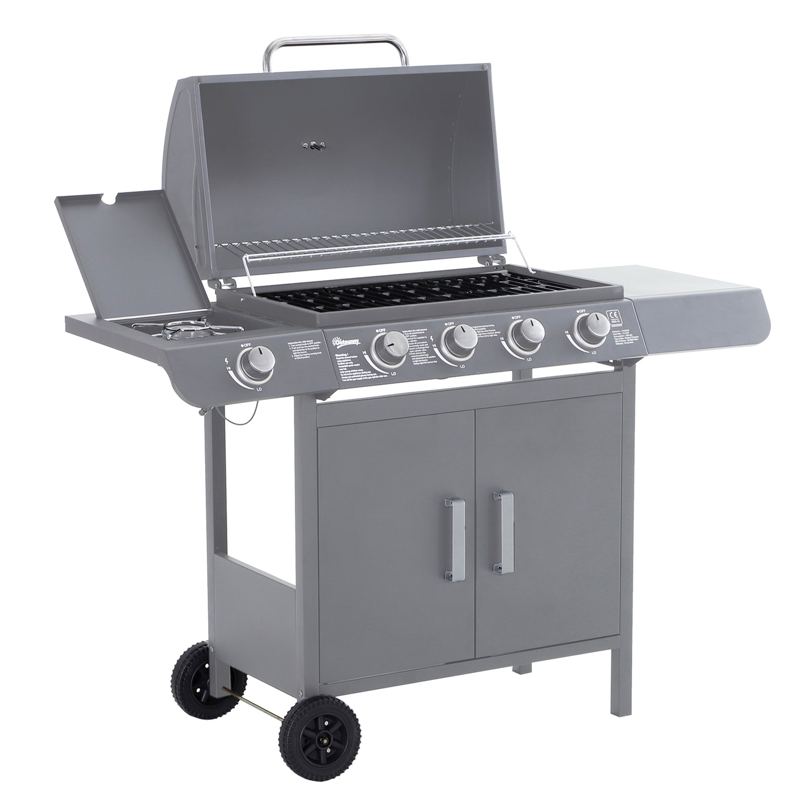 4+1 Burner Gas BBQ Grill, Outdoor Barbecue Trolley with Wheels, Warming Rack, Side Shelves, Cabinet, Thermometer for Garden, Party, Camping, 125 L x 51 W x 100 H cm, Grey