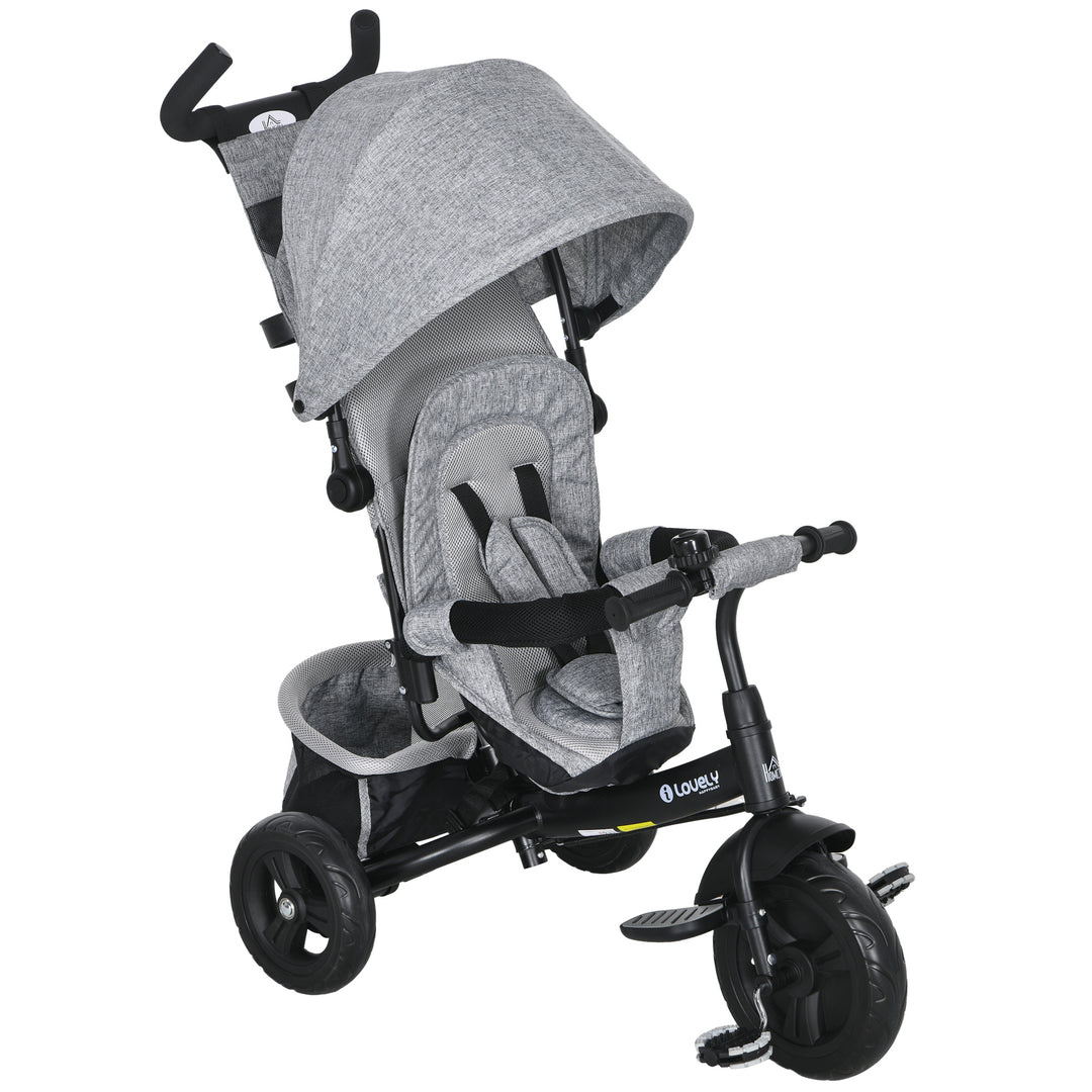 6 in 1 Kids Trike with Parent Handle, Canopy, 5-point Safety Belt, Storage, Footrest, Brake, for 1-5 Years, Grey