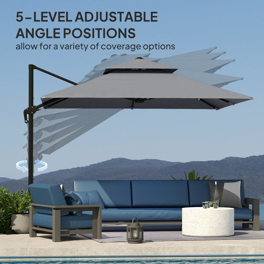 3 x 3(m) Cantilever Parasol with Aluminium Frame, Crank and Tilt, 360-Degree Rotation, Double Top Garden Umbrella with Cover (Only Cross Base), Light Grey