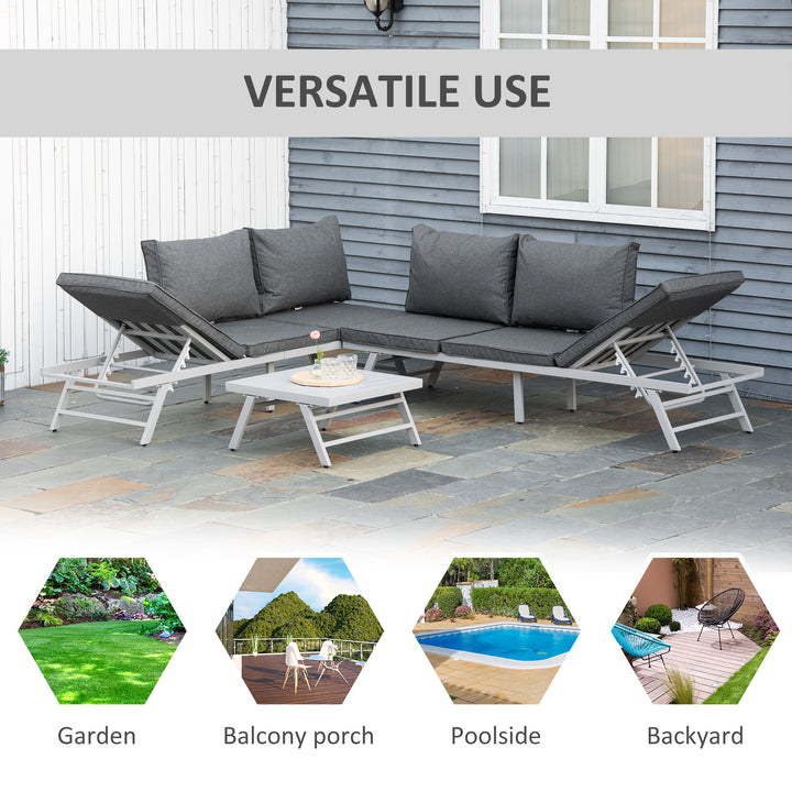 3 Pieces Garden Furniture Sets, 6 Seater Corner Sofa Set with Adjustable Backrest Chase Lounge with Slatted Metal Top Table, Padded Cushion, Grey