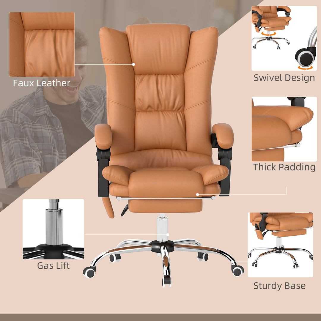 High Back Vibration Massage Office Chair, Heated Reclining PU Leather Computer Chair with 135° Reclining Back and Footrest, Light Brown