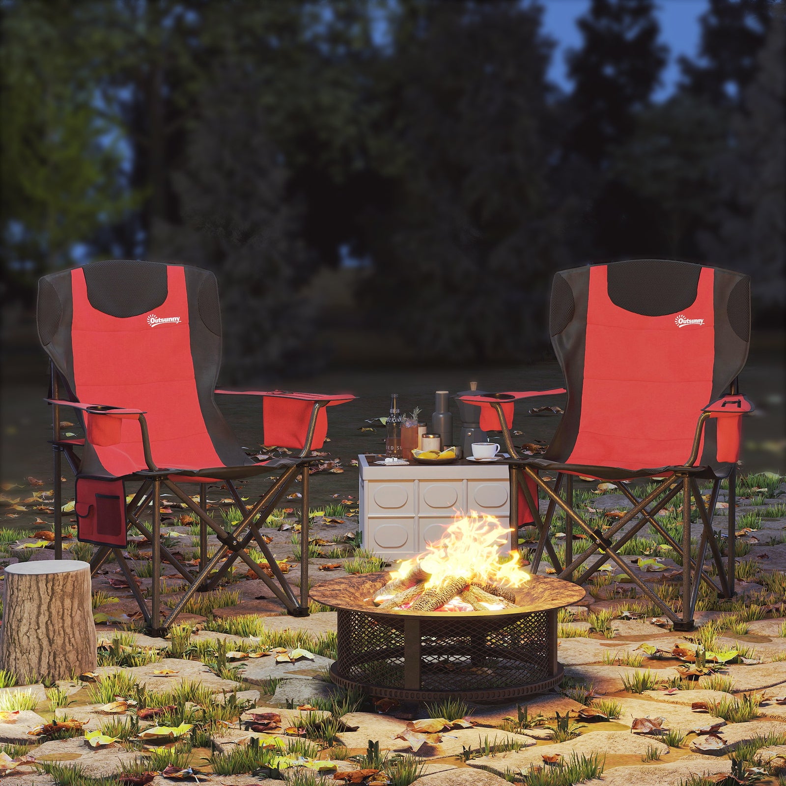 Set of 2 Folding Camping Chairs, Padded Camping Chairs with Adjustable Armrests, Portable & Lightweight Folding Camp Chair with Cooler Bag, Cup Holder and Side Pockets, Red