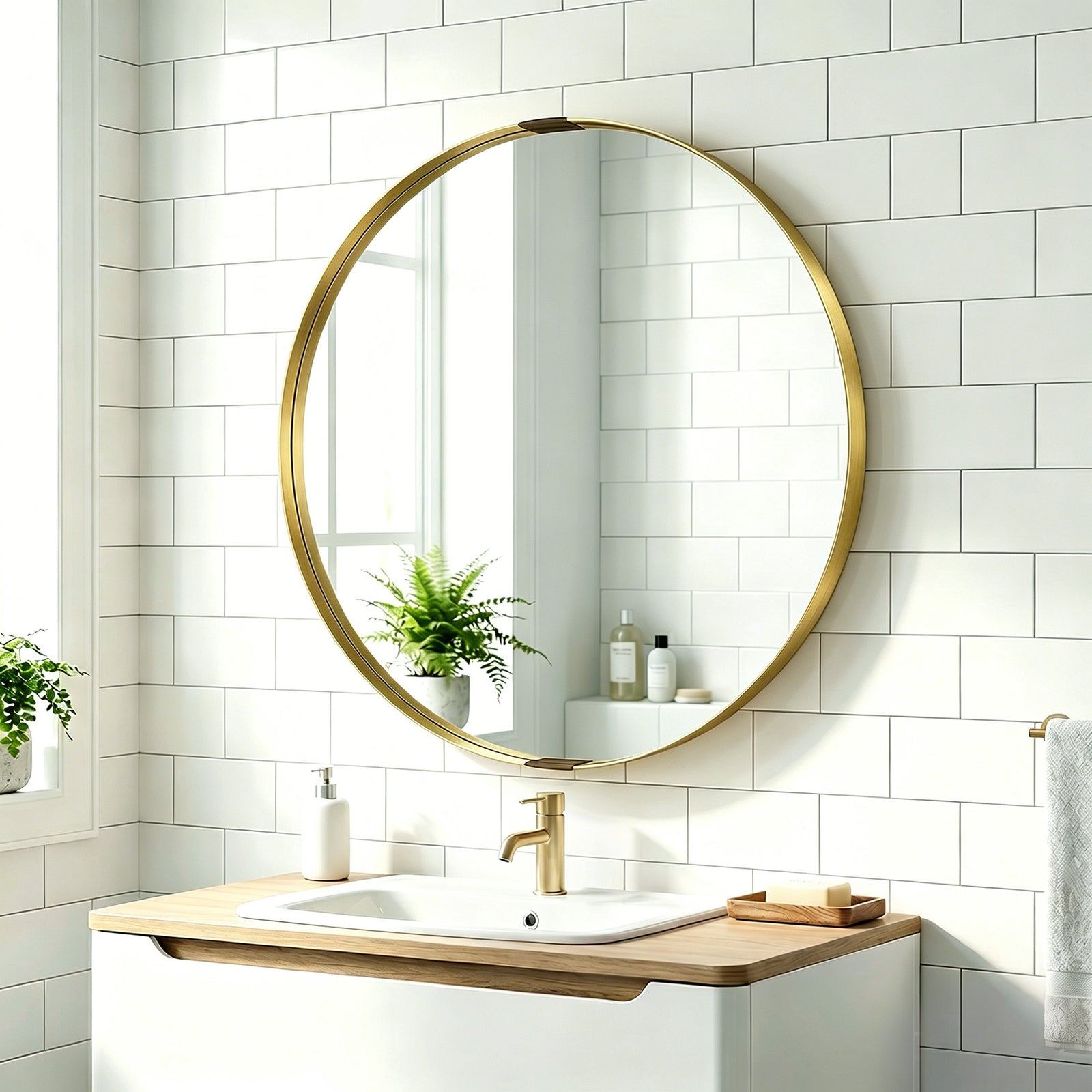 Round Wall Mirror 61 cm, Wall Mounted Bathroom Mirror with Tempered Sa